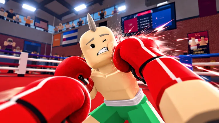 First Person Boxing ring with both boxers and the arena scoreboard behind them